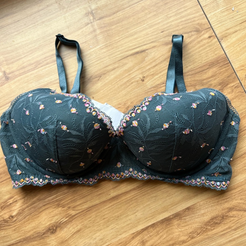 Calvin Klein Dark Green Lace Bra with Pink Accents